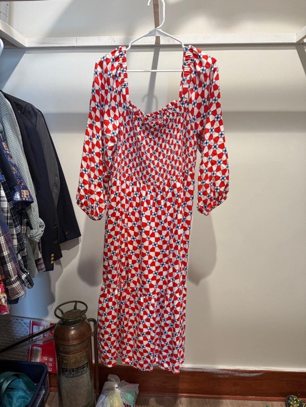 Hanna Andersson Red and White Geometric Smocked Midi Dress